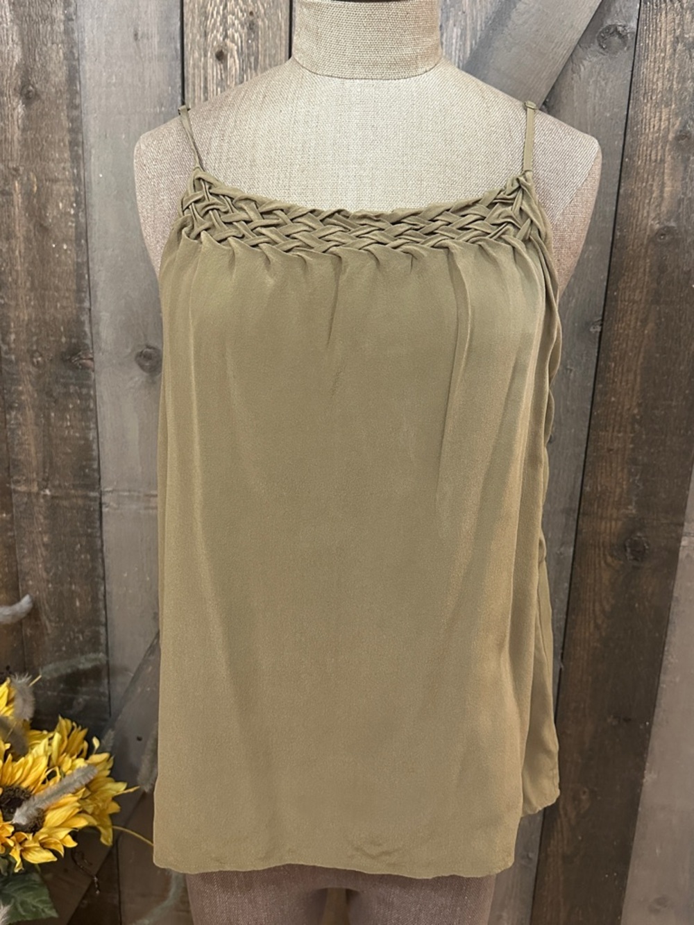 Greylin Y2K Olive Silk Woven Neckline Cami Tank Going Out Layering Work Top